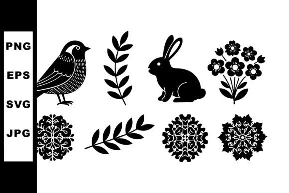 Bird Rabbit Floral and Leaf Silhouettes Graphics