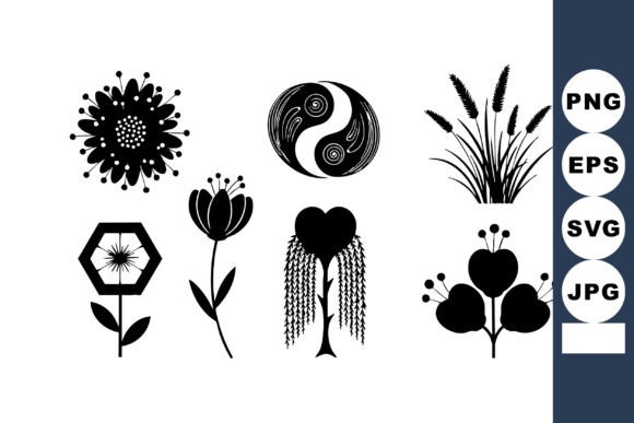 Black Silhouette Floral Design Elements for Graphics and Illustrations
