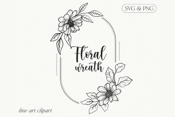 Botanical Floral Line Art Oval Wreath Graphics & Illustrations