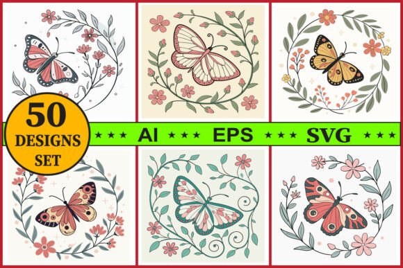Butterfly with Floral Wreath Vector Set Graphics & Illustrations
