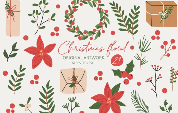 Christmas Floral Graphics and Illustrations for Small Business Branding