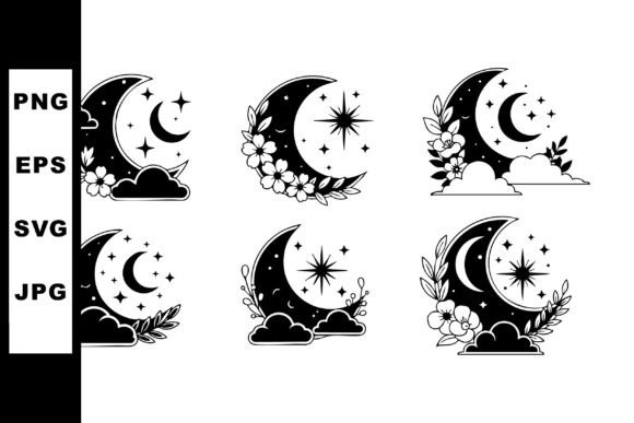 Crescent Moon with Stars and Floral Deco Graphics and Illustrations