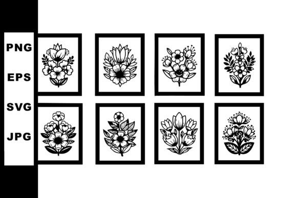 Eight Black and White Floral Designs in Graphics and Illustrations