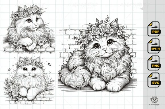 Elegant Floral Cat on Brick Wall Graphics and Illustrations Review