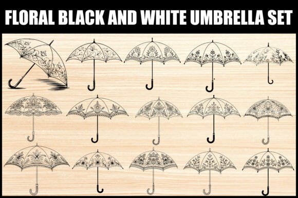 Floral Black and White Umbrella Set Graphics for Illustrations