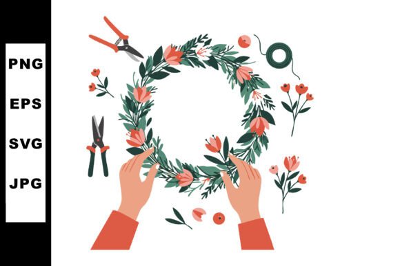 Floral Wreath Making with Hands and Gard Graphics and Illustrations