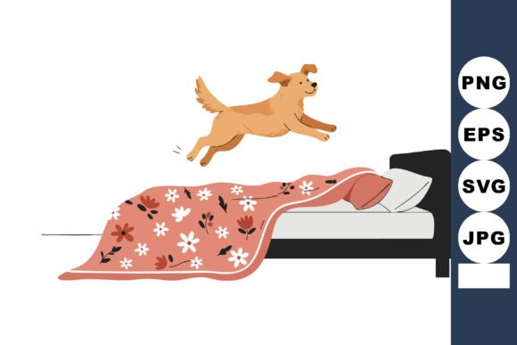 Happy Dog Jumping on Bed with Floral Bla Graphics and Illustrations Review