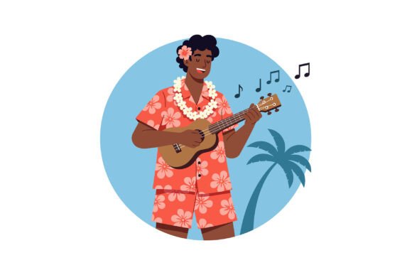 Hawaiian Man Playing Ukulele in Floral S Graphics and Illustrations Review