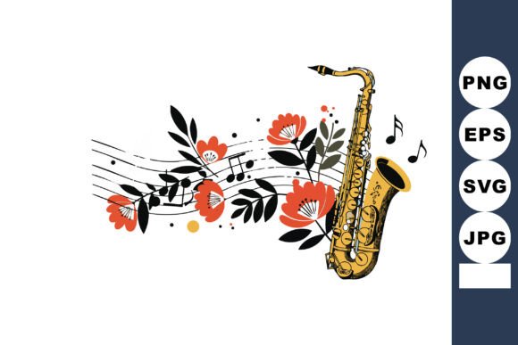 Saxophone with Floral Music Notes and Le Graphics and Illustrations