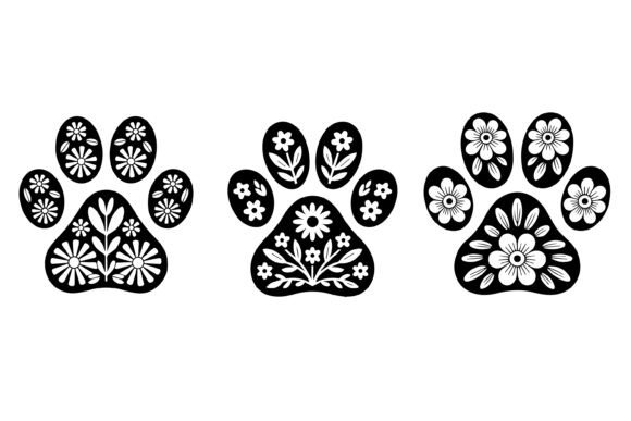 Three Floral Paw Vector Illustration Set Graphics and Illustrations Review