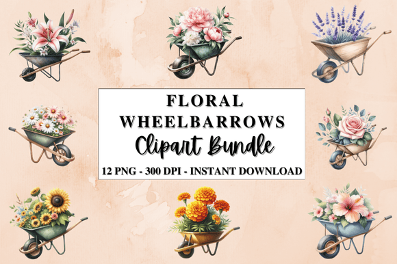 Watercolor Floral Wheelbarrows Clipart Graphics