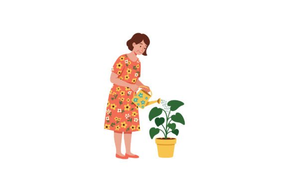 Woman in Orange Floral Dress Watering Gr