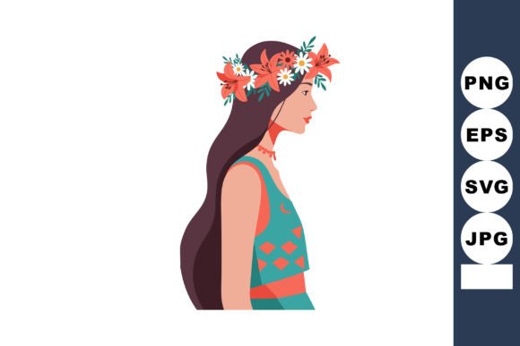 Woman Wearing Floral Crown with Red Lili Graphics and Illustrations